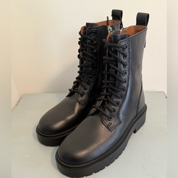 NWT Zara Black Leather Lace-Up Combat Ankle Punk Moto Boots Shoes Size 35 l US 5 - Picture 7 of 8